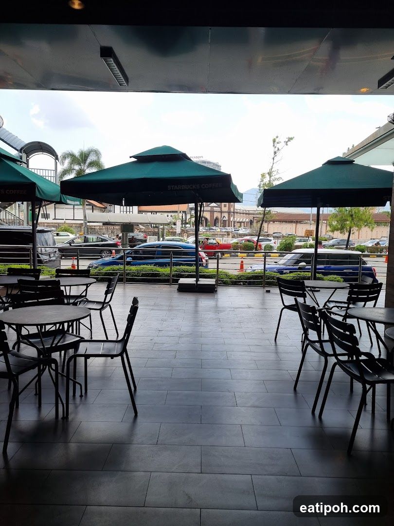 Outdoor seating area of a Starbucks Coffee shop
