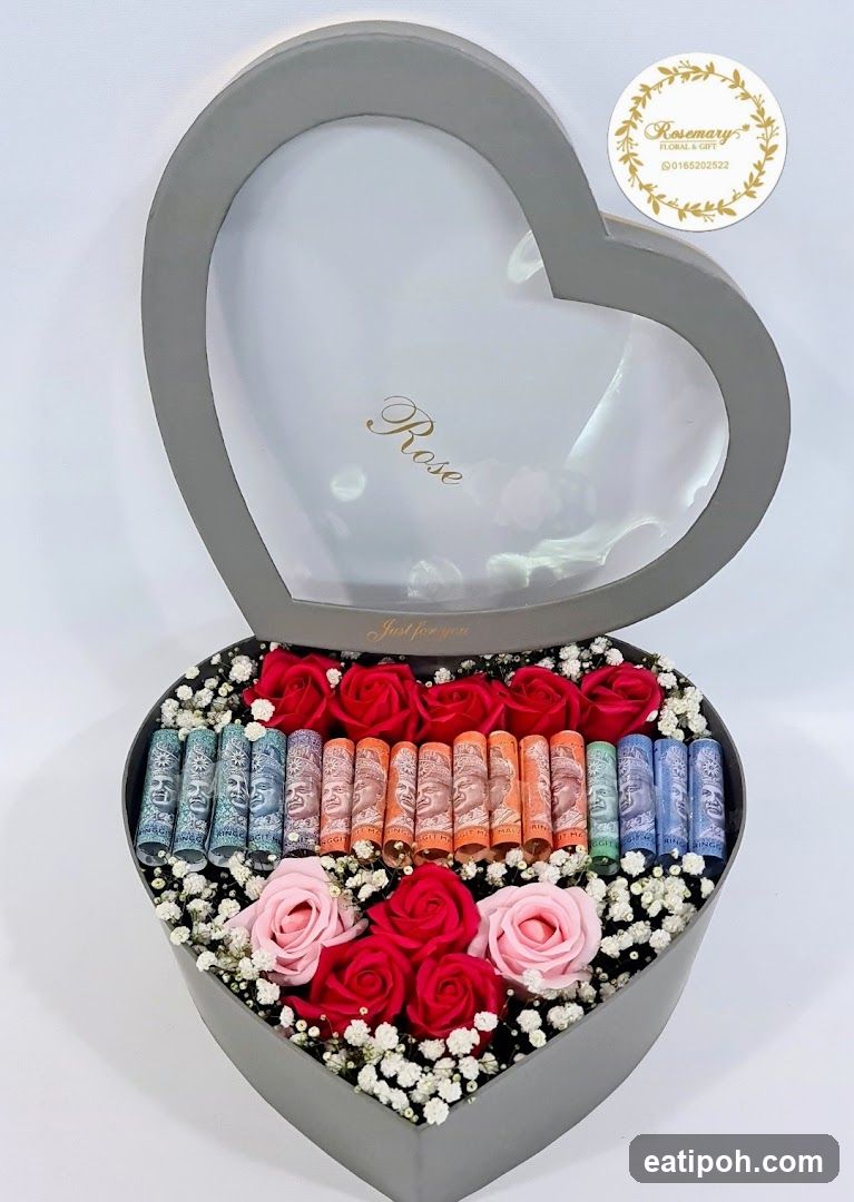 Heart-shaped gift box with roses and rolled currency notes