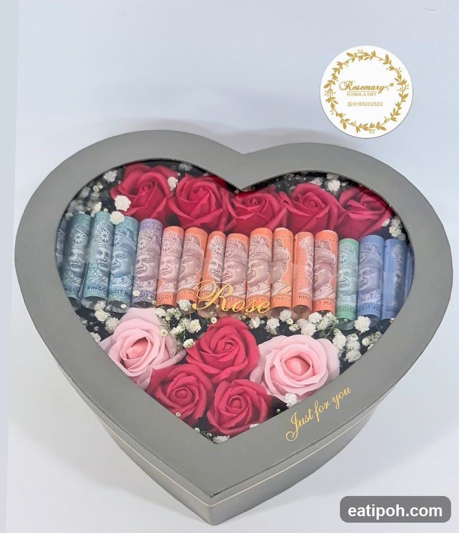 Heart-shaped gift box with roses and rolled Malaysian currency