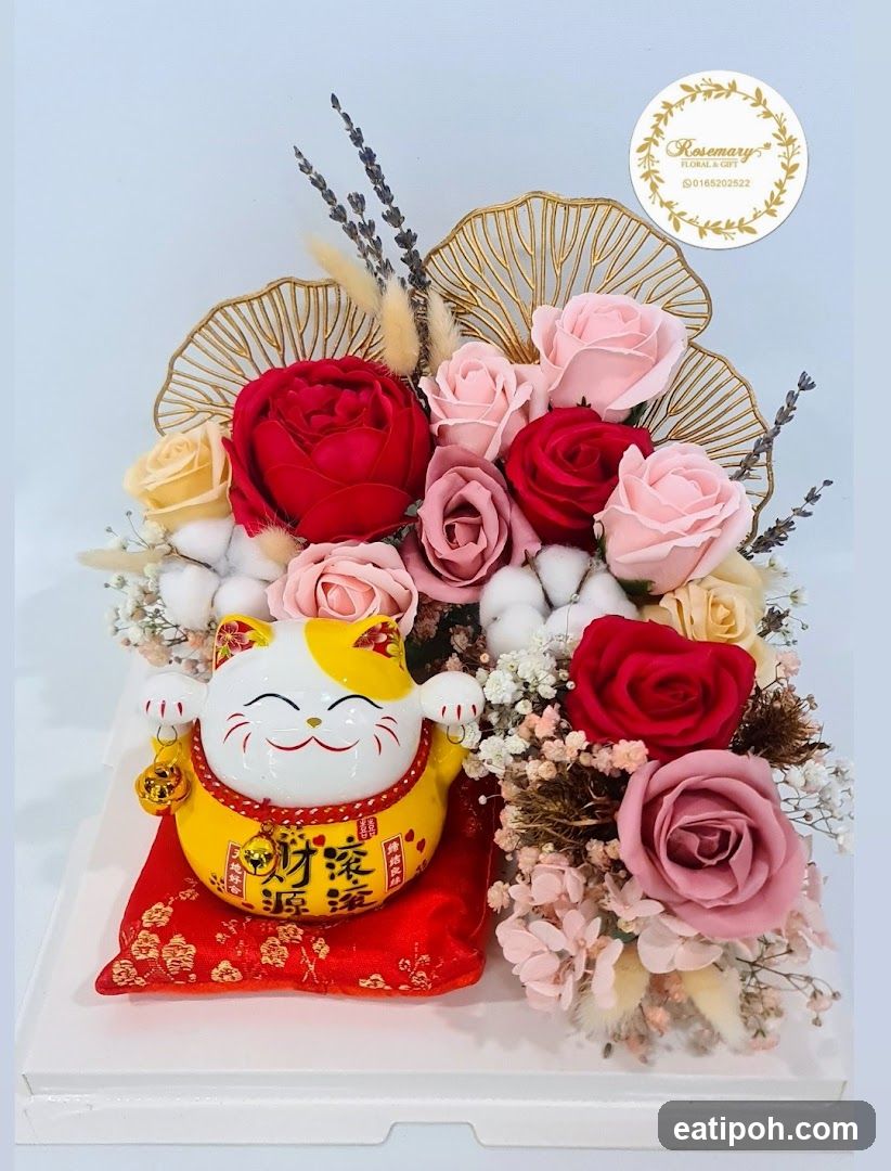 Floral Arrangement with Lucky Cat Figurine