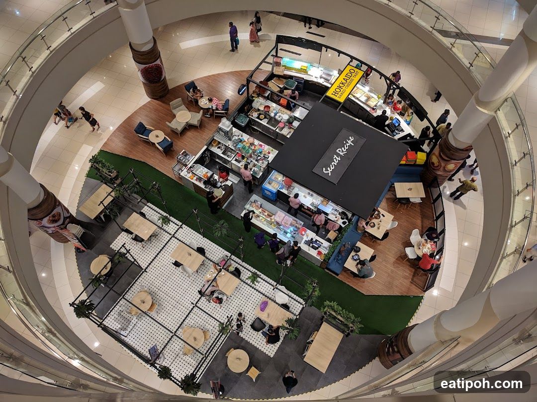 Aerial view of shopping mall food court