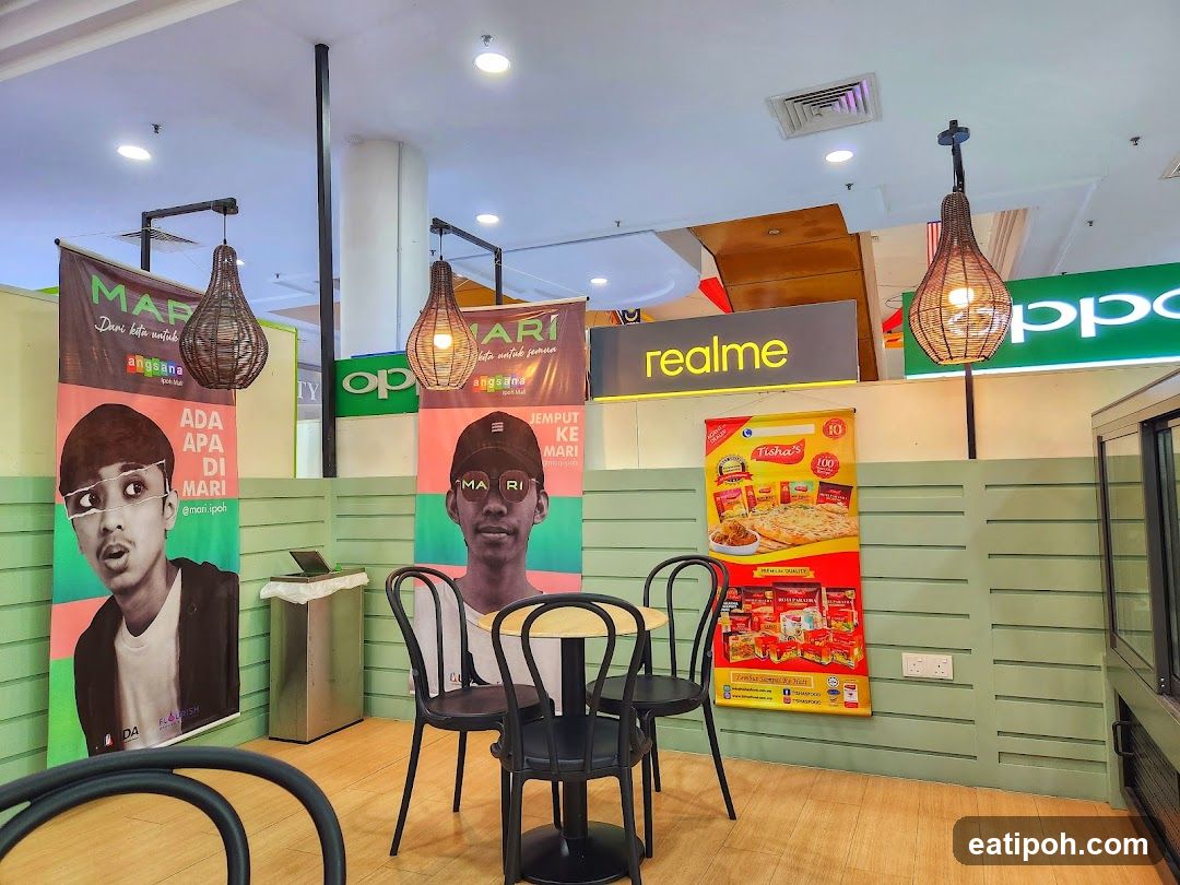 Interior of a shopping mall food court area