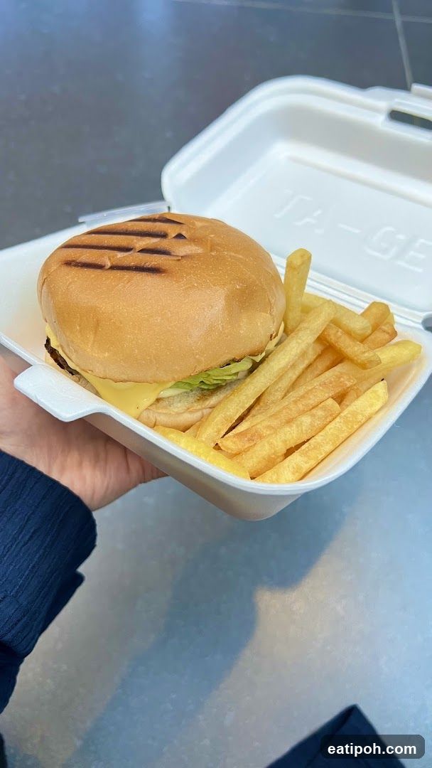 Hand holding burger and fries in takeout container
