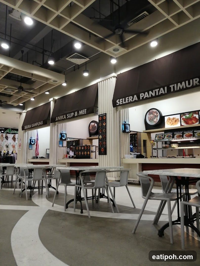 Food court interior with multiple stalls