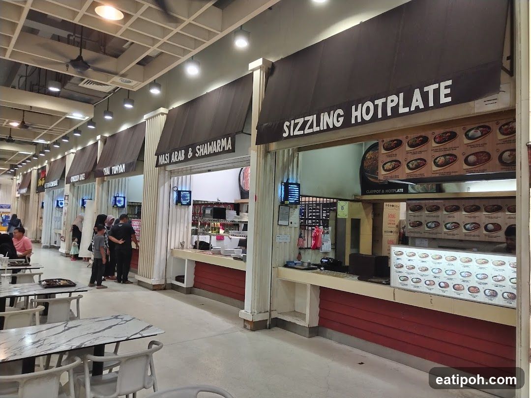 Food court interior with multiple stalls