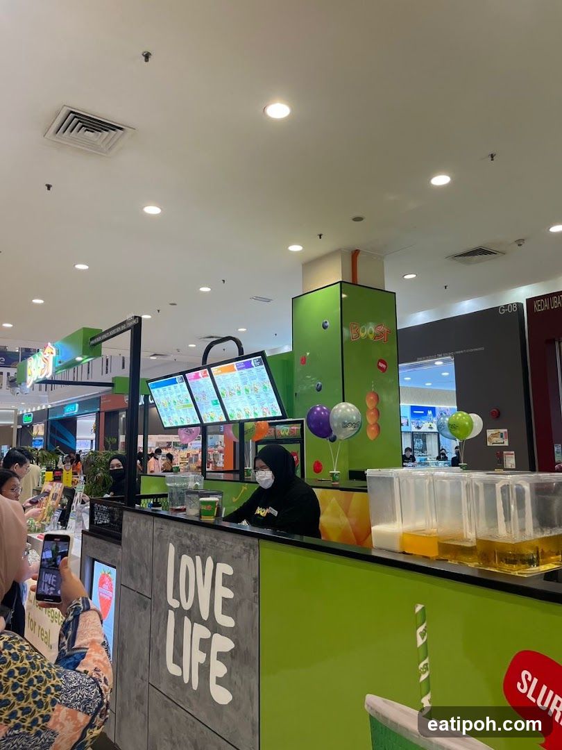 Inside a beverage stall in a shopping mall