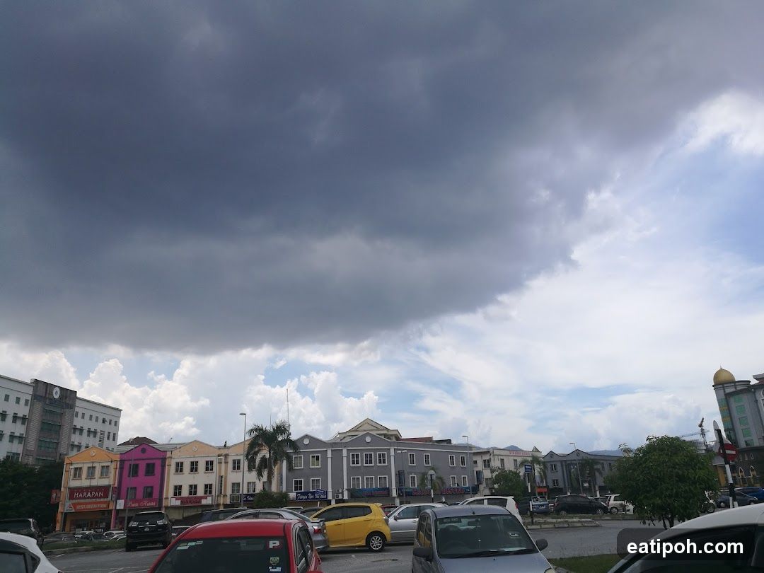 Urban street scene under cloudy sky