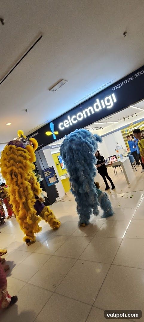 Inside shopping mall with lion dance performers