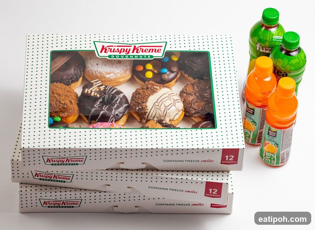 Krispy Kreme Doughnuts Box and Beverages