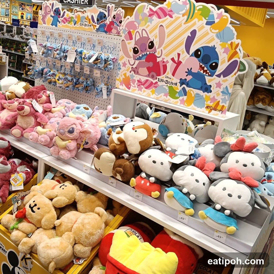Disney-themed plush toys display
