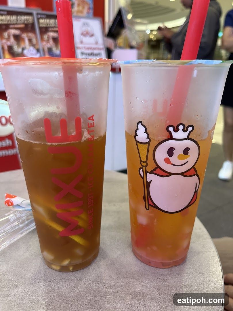 Two beverages at Mixue Ice Cream & Tea