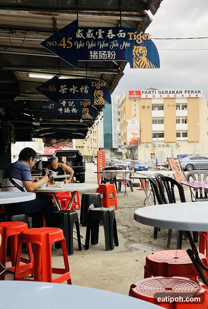 Outdoor dining area with signage
