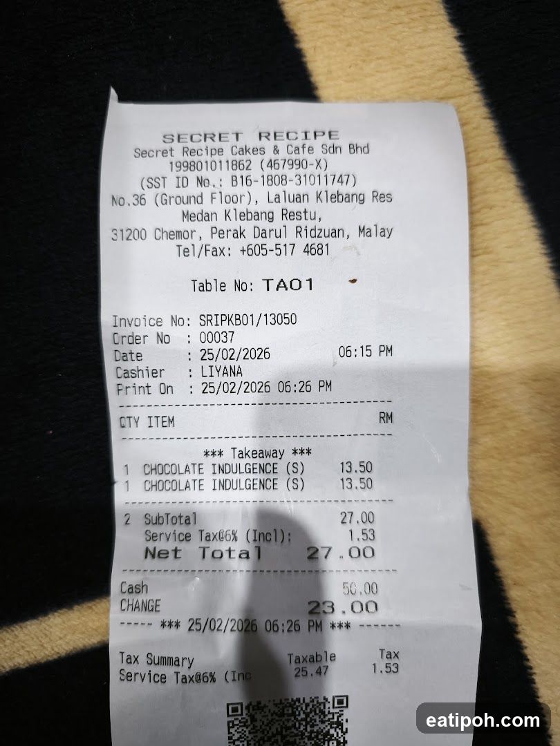 Receipt from Secret Recipe Cakes & Cafe Sdn Bhd
