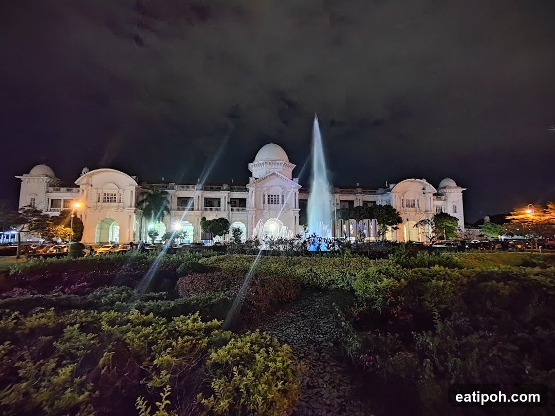 Nighttime architectural view with fountain