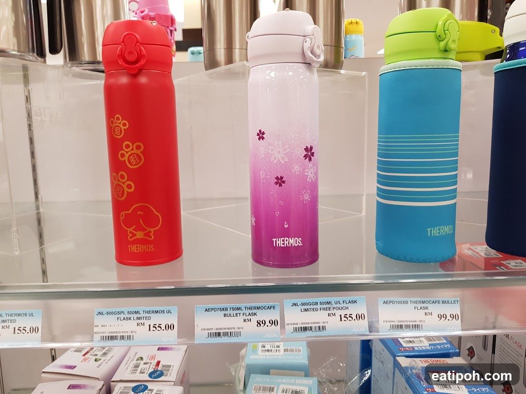 Thermos water bottles on display shelf
