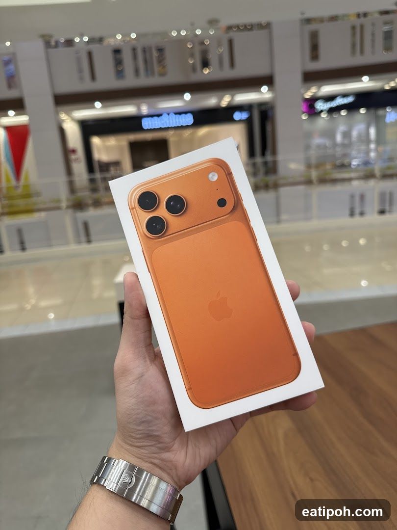 Hand holding iPhone box in shopping mall