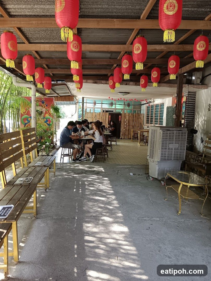 Outdoor dining area with red lanterns