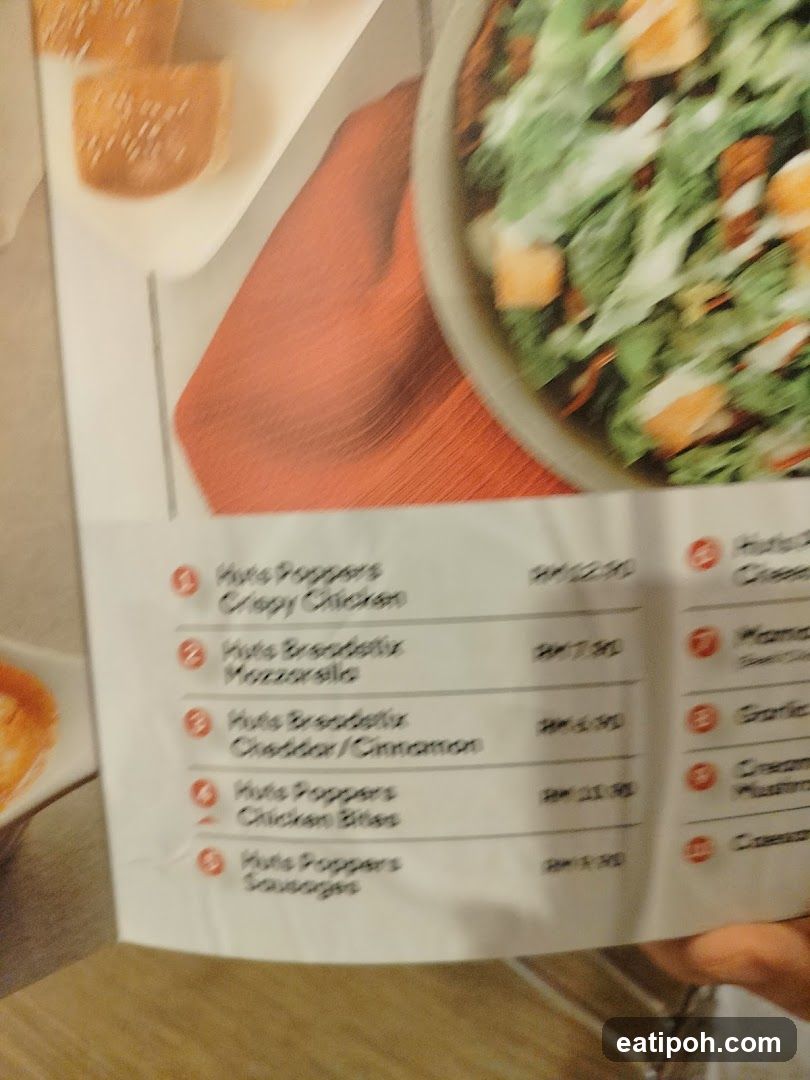 Menu Section Showing Huts Poppers and Breadsticks