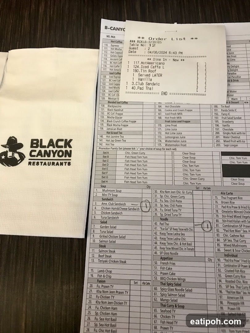 Black Canyon Restaurants Order Receipt and Menu