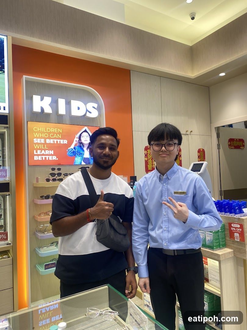 Two individuals in eyewear store