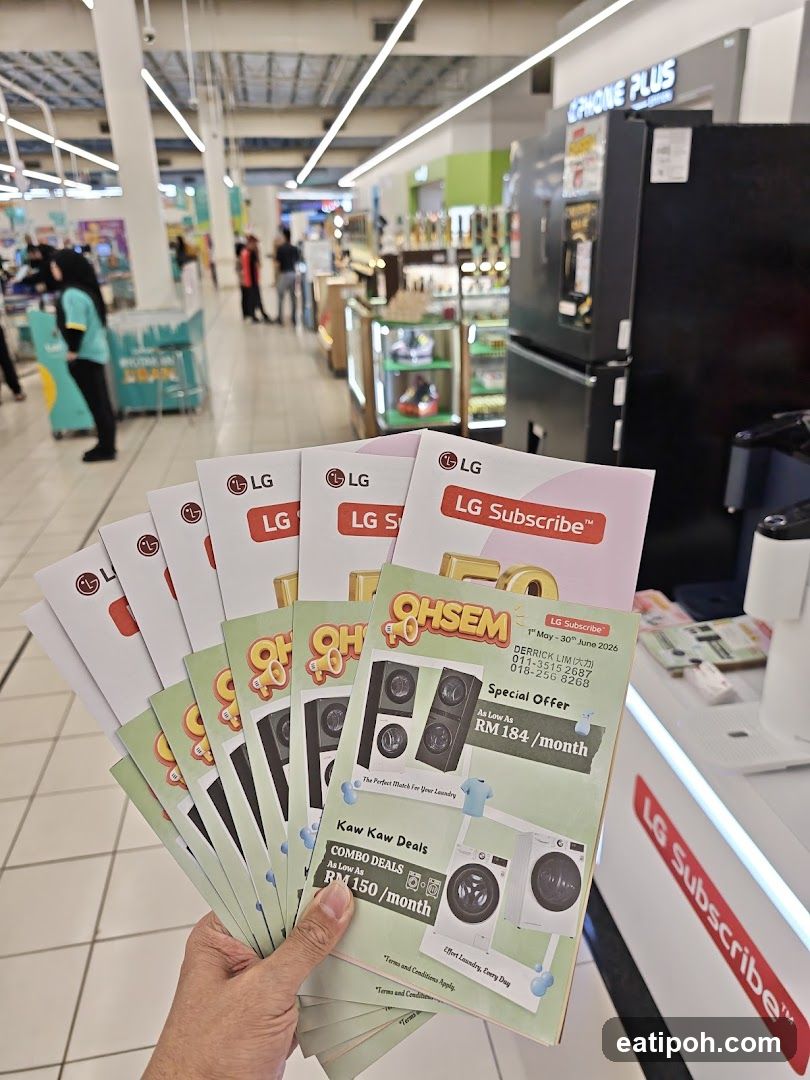 Hand holding LG promotional flyers in retail store