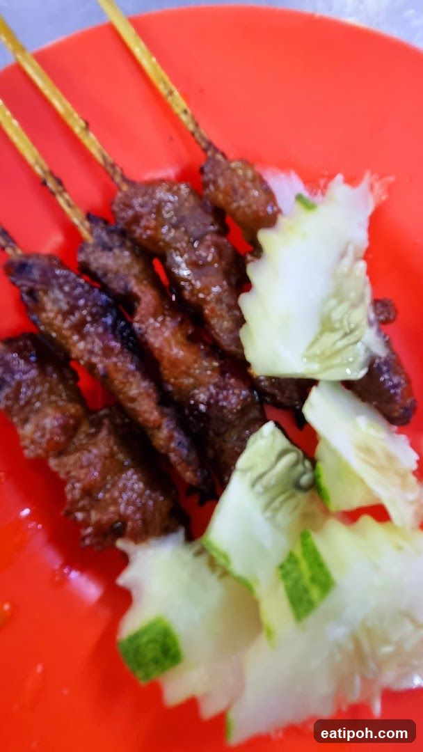 Grilled Meat Skewers with Cucumber on Red Plate