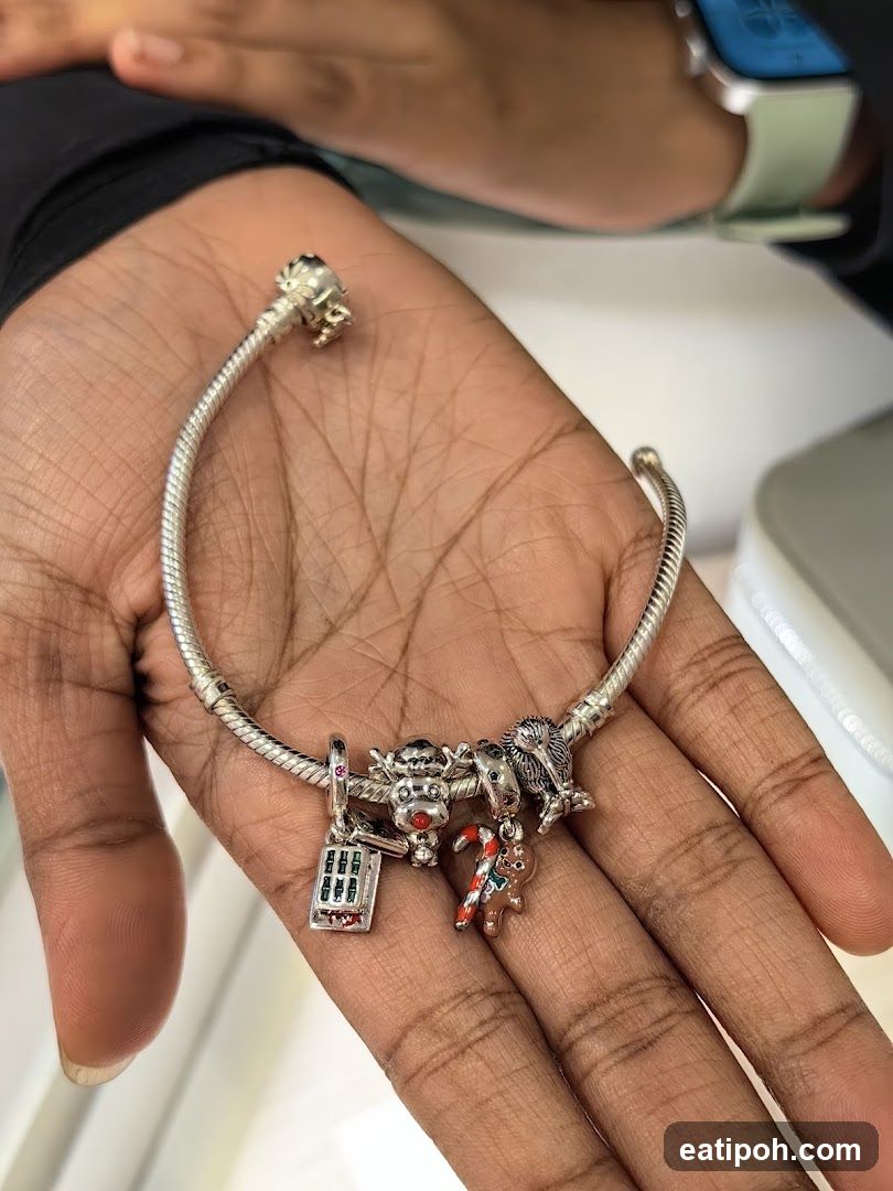 Hand holding Pandora-style charm bracelet