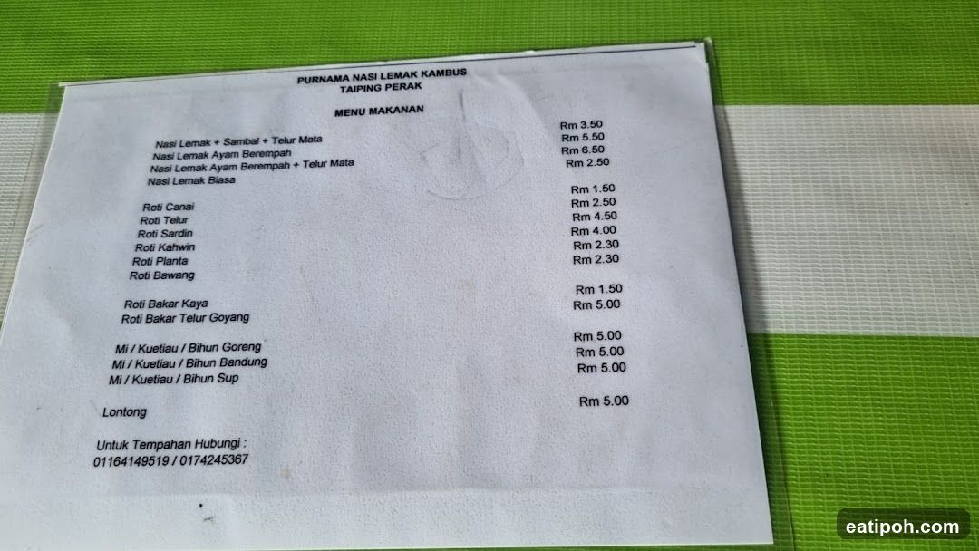 Purnama Nasi Lemak Kambus Taiping Perak Menu
