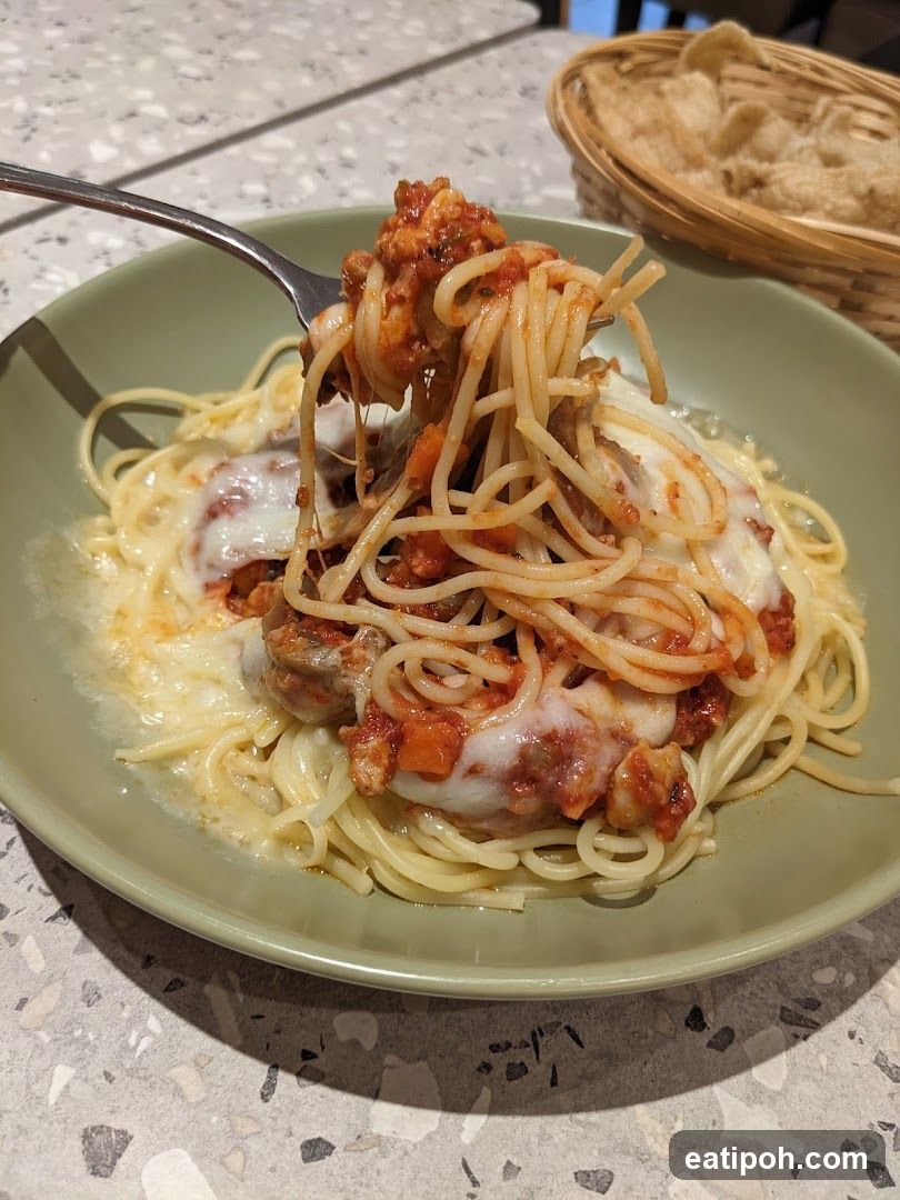 Spaghetti dish with fork