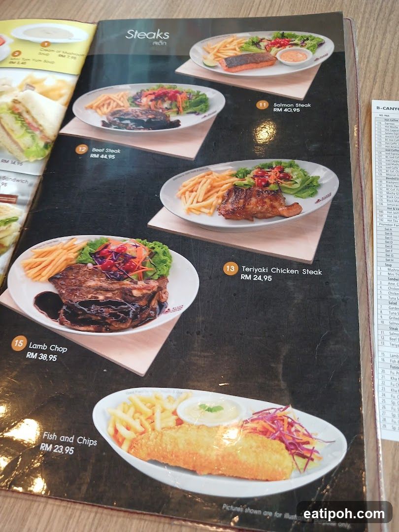 Steaks Section of Menu