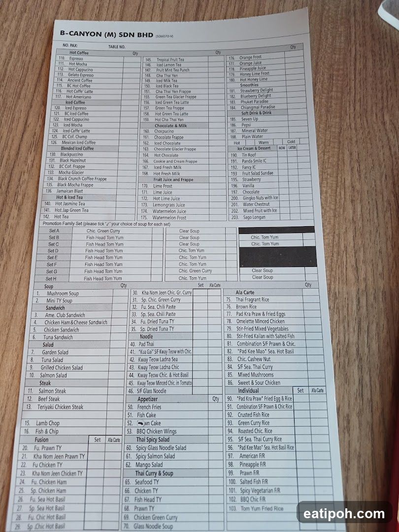 B-CANYON (M) SDN BHD Menu Sheet