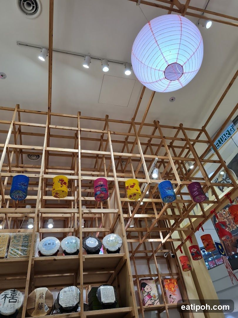 Asian-themed store interior with lanterns and tea products