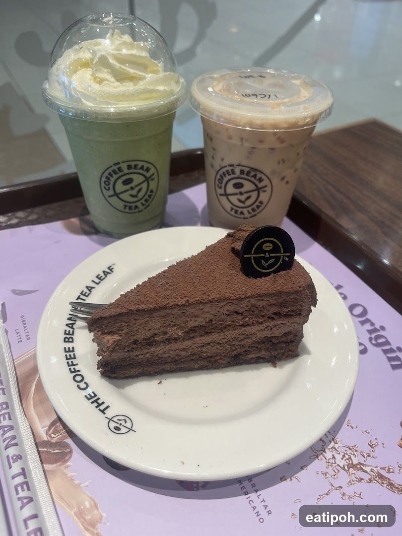 Chocolate cake and drinks