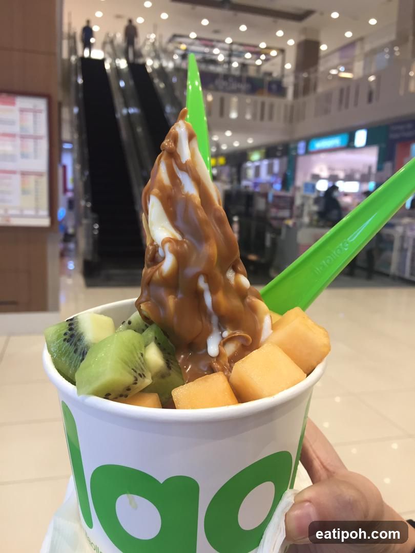 Frozen Yogurt with Fruit and Caramel Drizzle