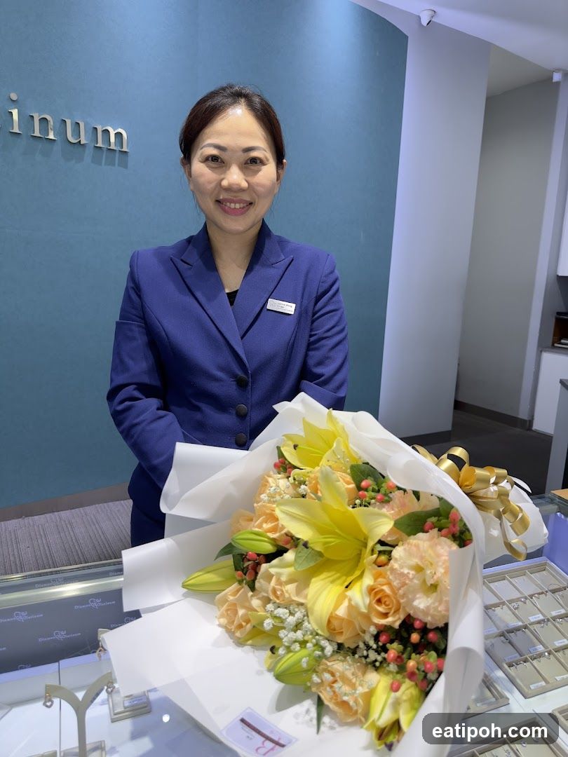 Woman with Flowers in Jewelry Store