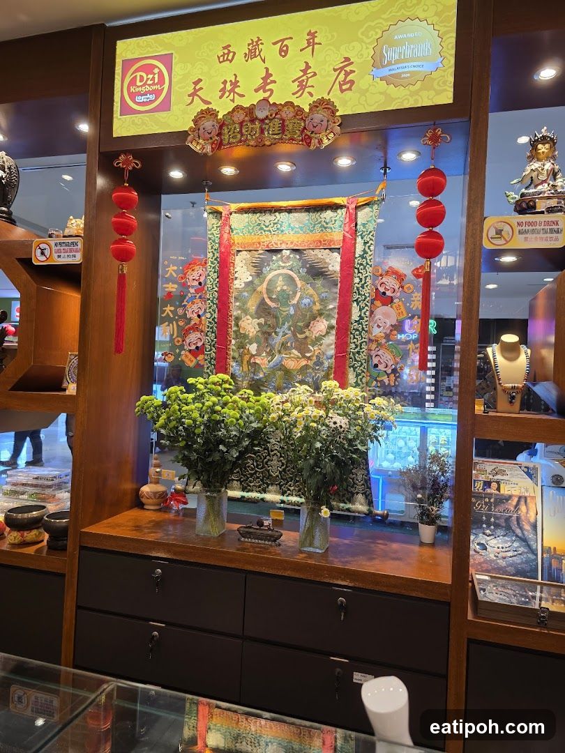 Store Display with Tibetan Artifacts and Flowers