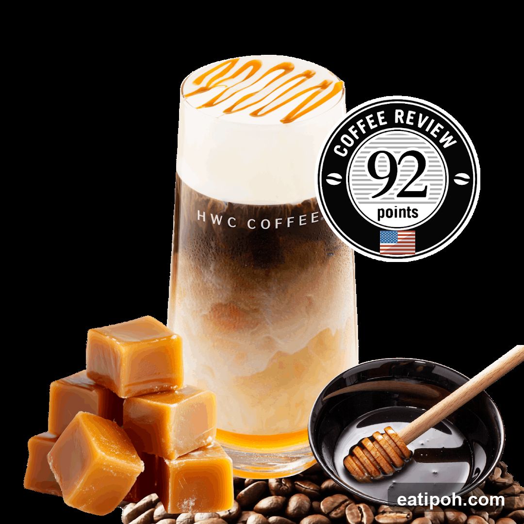 Caramel Coffee Drink with Coffee Review Badge