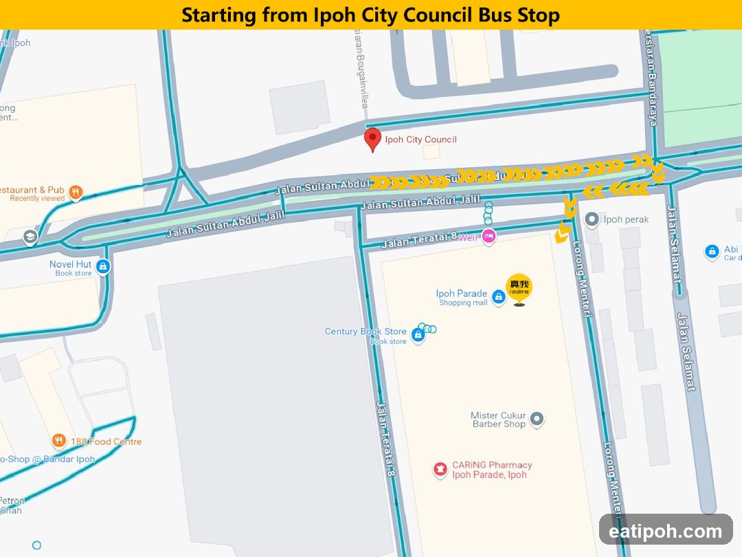 Map showing route from Ipoh City Council Bus Stop