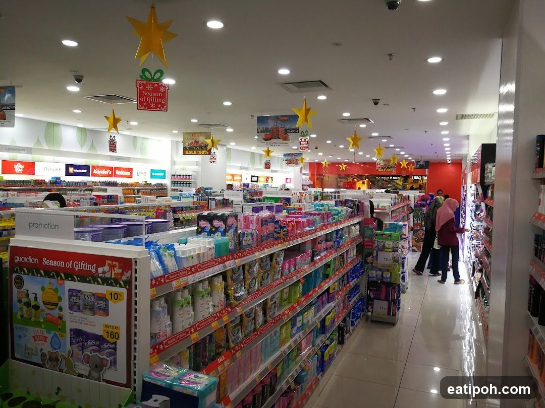 Supermarket aisle with holiday decorations