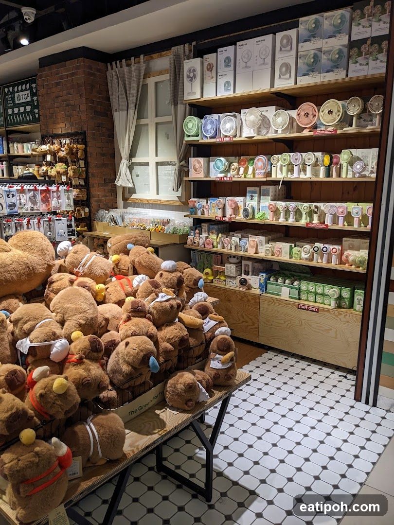 Plush toys and fans on display