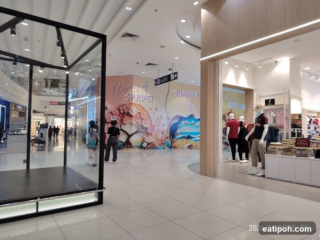 Mall Interior with Storefronts and Decorations