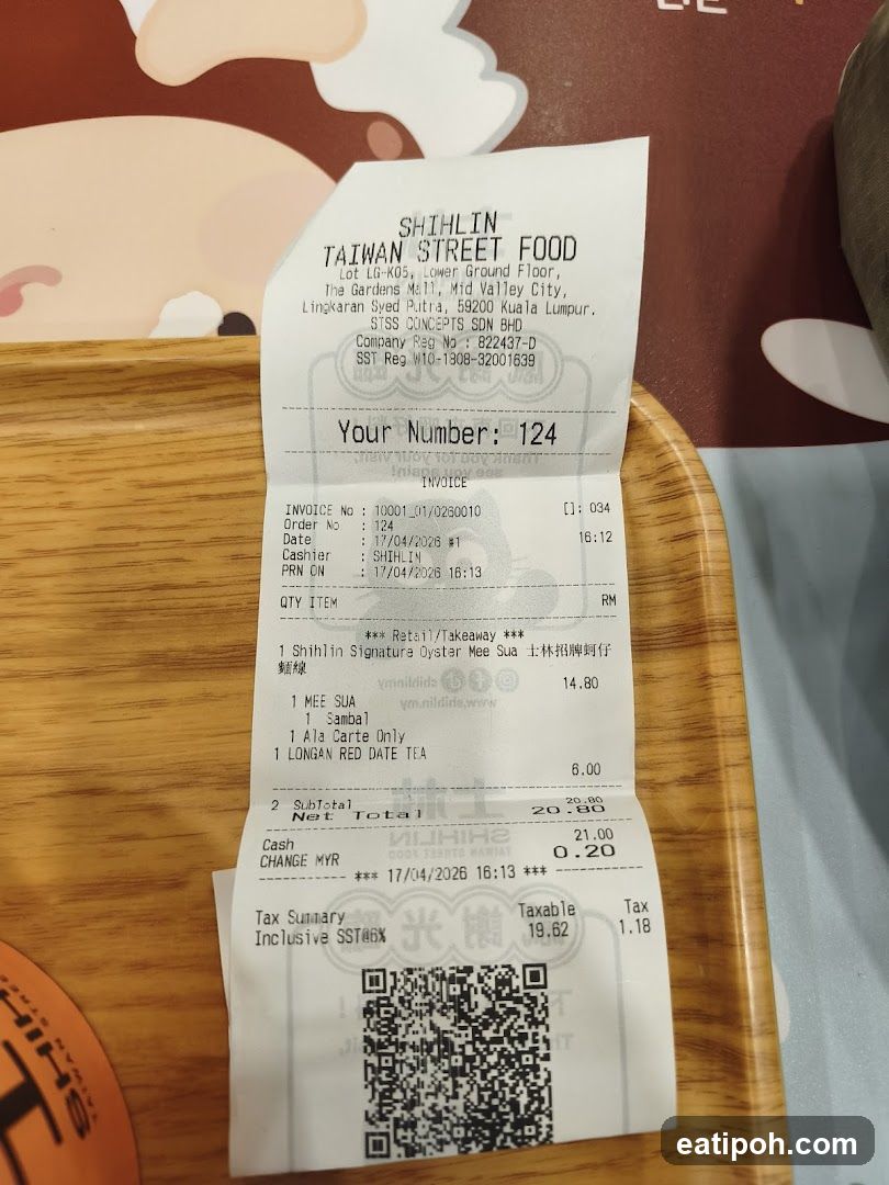 Shihlin Taiwan Street Food Receipt