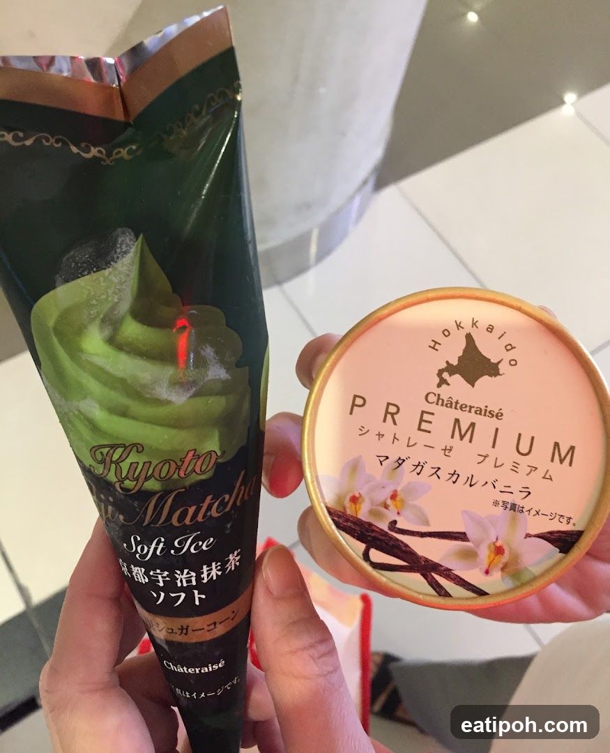 Matcha Ice Cream Cone and Vanilla Ice Cream Cup