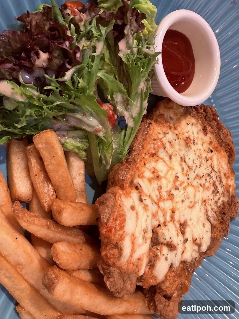 Chicken dish with fries and salad