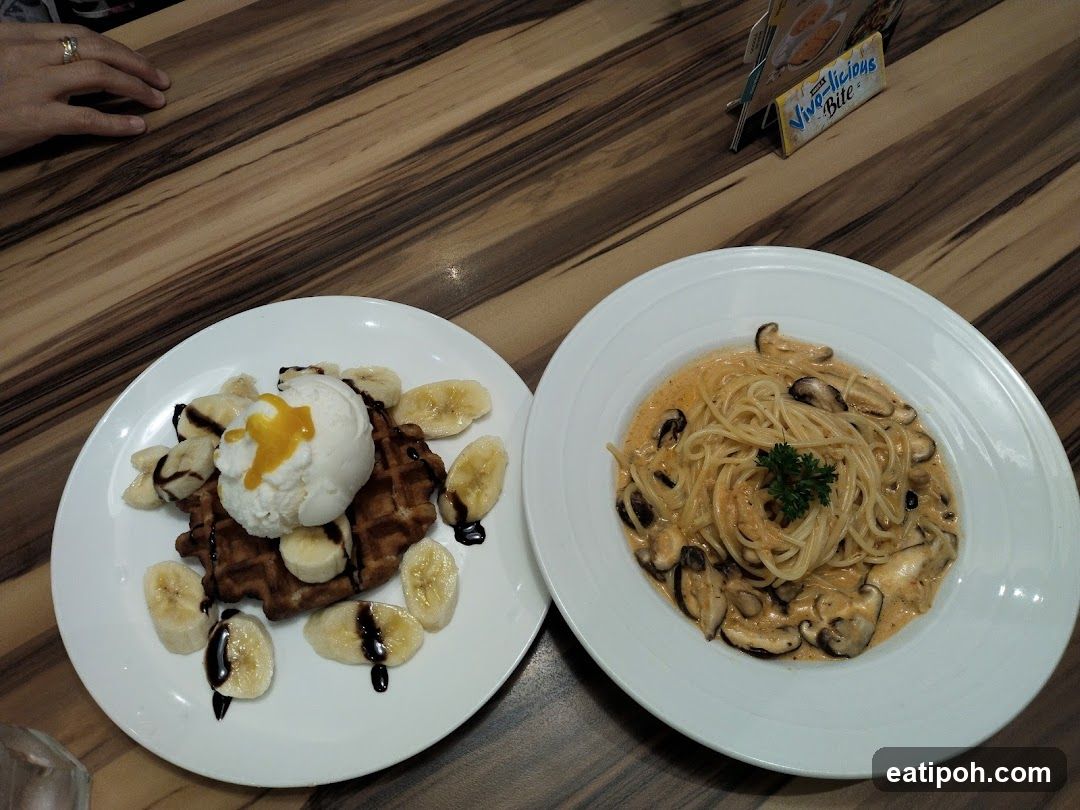 Waffle with Ice Cream and Banana, and Creamy Mushroom Pasta