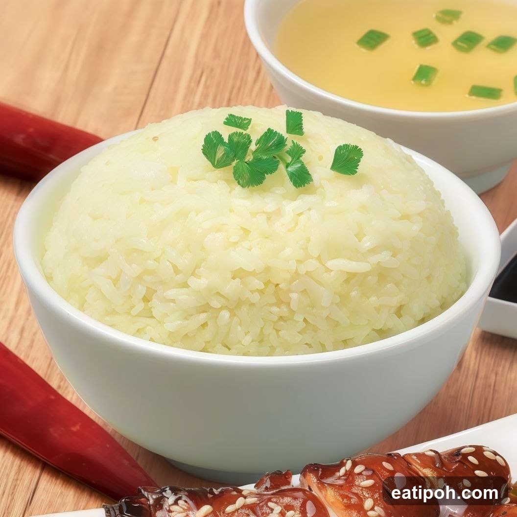 Steamed Rice with Soup and Skewers