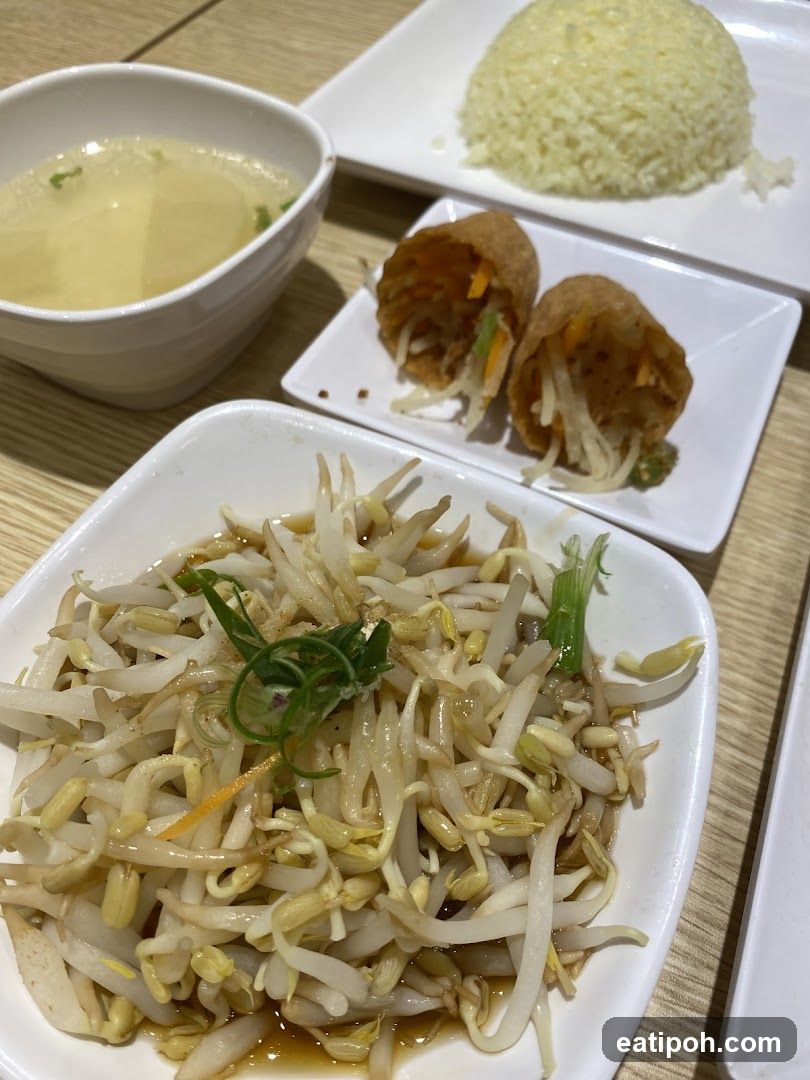 Bean Sprouts with Spring Rolls and Rice