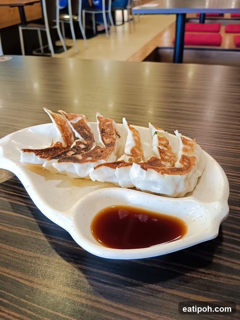 Pan-fried dumplings with dipping sauce
