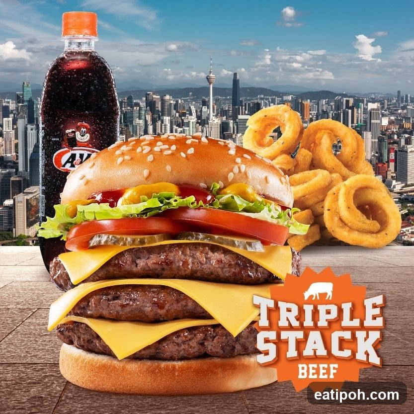 Triple Stack Beef Burger with Onion Rings and A&W Root Beer