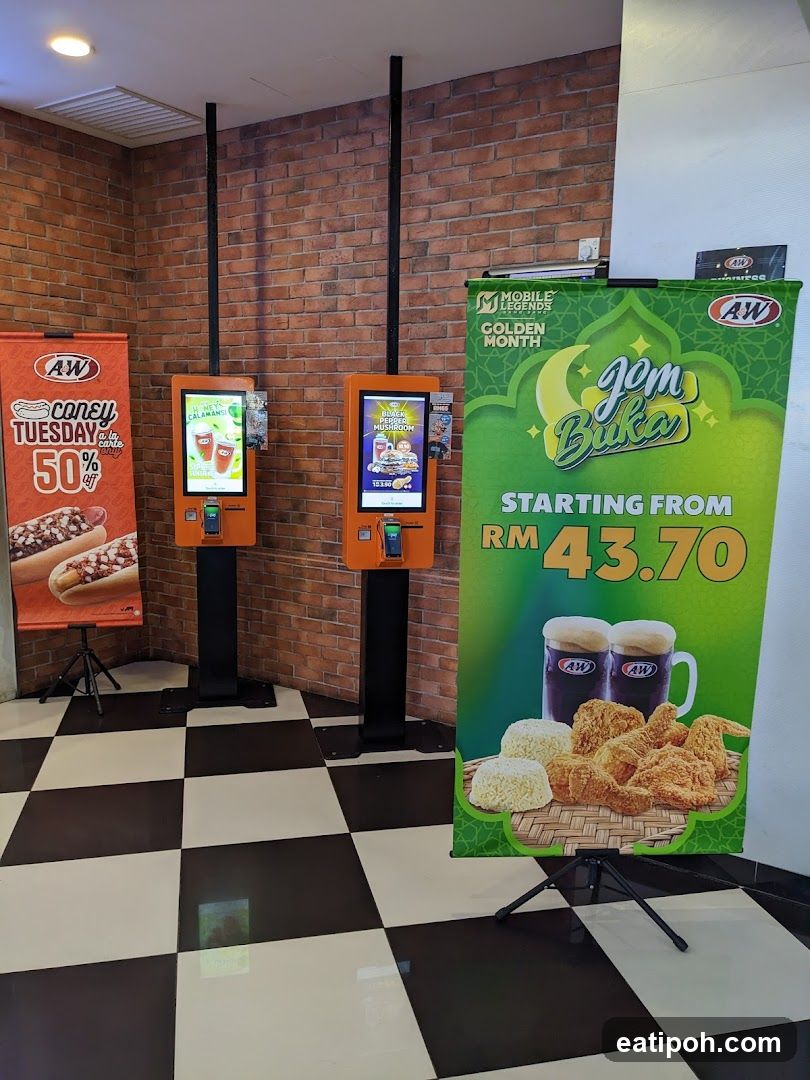 A&W Restaurant Order Kiosks and Promotional Banners